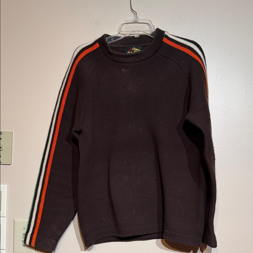 Alps Men's Dark Brown Sweater with Orange green and White Stripes vintage
